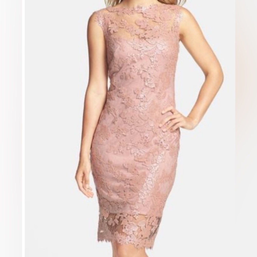 Tadashi Shoji Pink Sequin Illusion Lace Dress blush mauve size 14 sleeveless